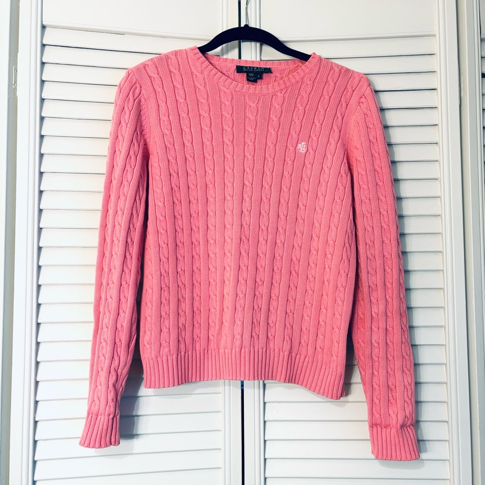 Ralph Lauren Pink Cable Knit Crewneck Pullover Cable Knit Sweater Size Small S